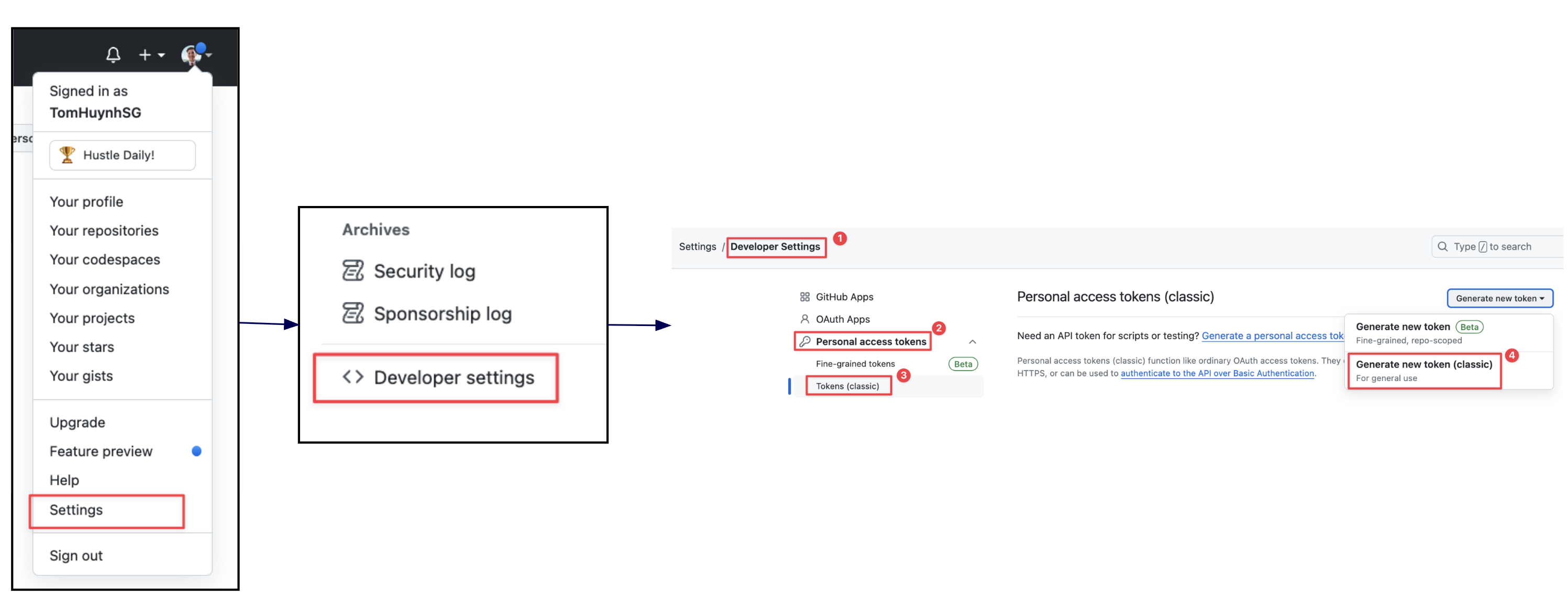 Navigating to GitHub Personal Access Token settings